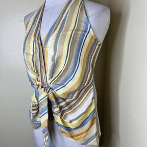 DREW Linen Blend Top Stripe Sleeveless Tie Front Button V-neck Woven Racerback